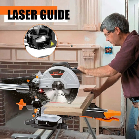 Man using Sliding Compound Miter Saw With Laser Guide And 3 Blades Built For Woodworking And DIY 10 Inch 15A Dual Speed 4500 RPM And 3200 RPM