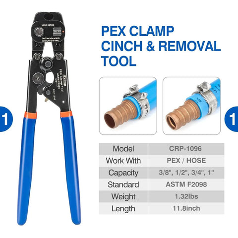 PEX Clamp Tool Kit for 3/8 Inch, 1/2 Inch, 3/4 Inch and 1 Inch Cinch and Removal With Carrying Case, showing crimp tool and specs