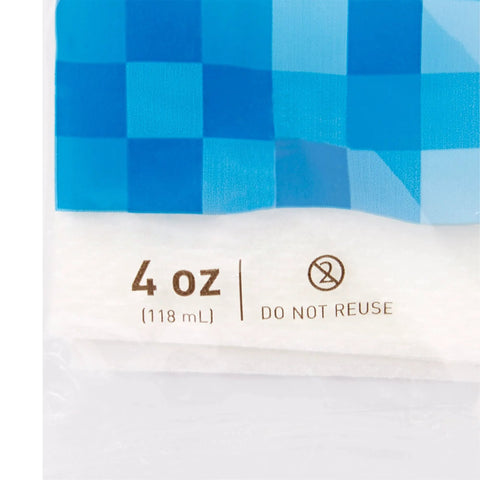 4 oz (118 mL) sterile specimen container packaging with blue checkered design and Do Not Reuse text
