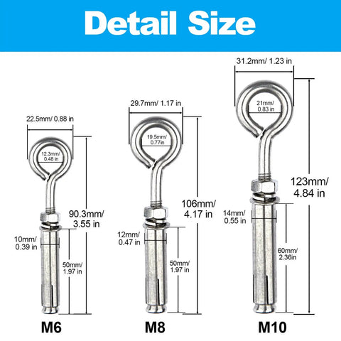 Comparison of M6, M8, M10 Beefy Heavy Duty Shoulder Eye Bolts M10 Stainless Steel 304 Eyebolts With Nuts And Expansion Screws