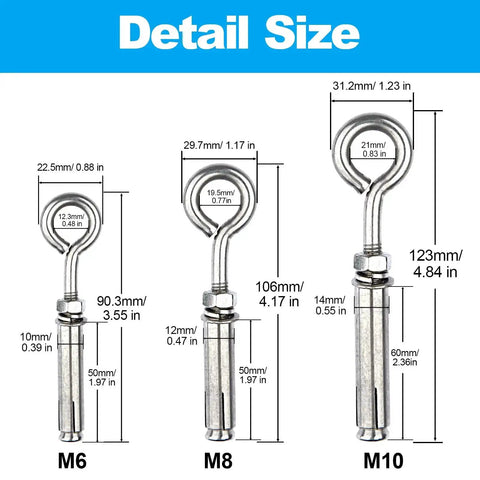 Built Tough Heavy Duty M6 Eyebolts Set In Stainless Steel For Wall, Ceiling And Concrete Anchors including size dimensions