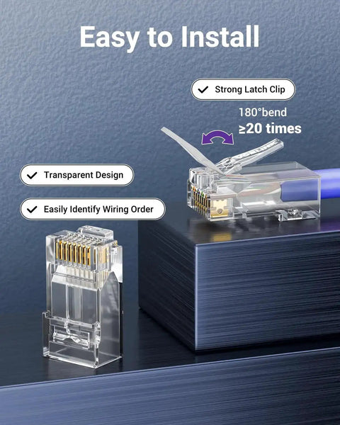 Pro Grade 25 Pack Cat6 RJ45 Pass Through Connectors, UL Listed, 10Gbps Ethernet Plugs, transparent design and strong latch clip.