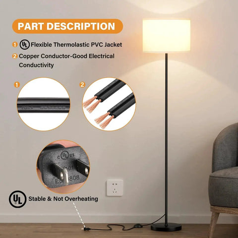 60 Inch Black Floor Lamp With White Shade And Foot Pedal Switch For Living Room standing next to a chair, showing parts in detail.