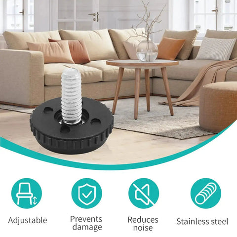 Stainless Steel Adjustable Furniture Feet One Quarter Twenty Thread Screwed In Levelers with easy glide feature in living room setting.
