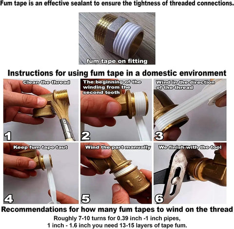 Instructions for using fum tape with brass adapter and threaded fittings to ensure tight connections.