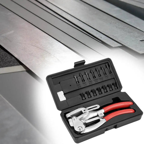 Heavy Duty Metal Hole Punch Kit With Chrome Vanadium Steel Punches displayed in open black case on sheet metal background