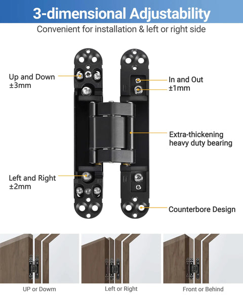 Upgraded Invisible Door Hinges 2 Pack Black 6 Inch Concealed Hidden Hinges For Doors With 3 Way Adjustable And 180 Degree Swing