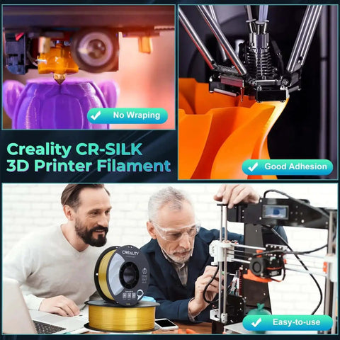 Creality CR-SILK 3D Printer Filament being used for precise decorative prints in purple and orange, showing good adhesion and easy use.