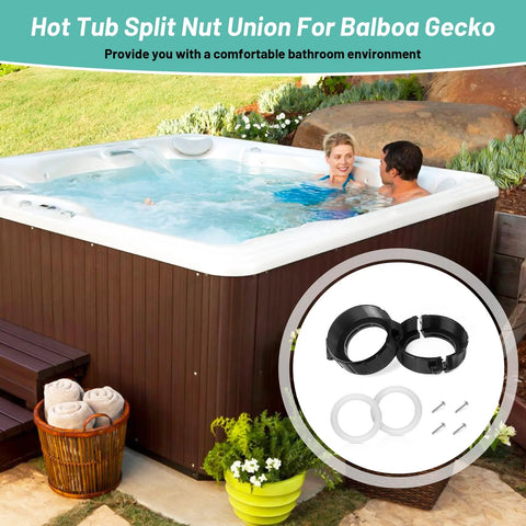 Hot tub heater pump union nut kit, 2-inch, two black split nuts with white gaskets and screws, Balboa Gecko compatible.