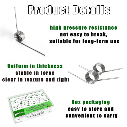 Ruibapa 50-piece torsional springs kit, 304 stainless steel, 15 sizes, 45/90/120-degree angles, box packaging