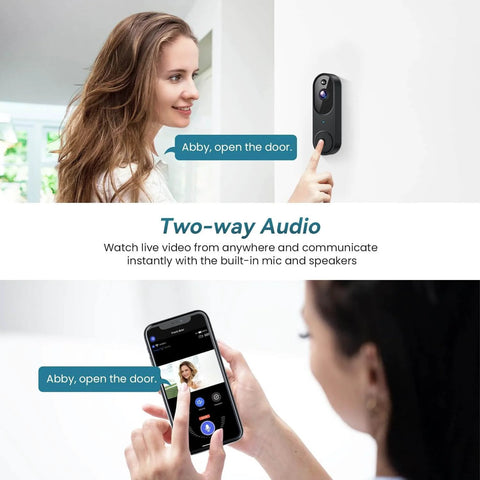 Person using a smartphone to interact with Wireless WiFi Video Doorbell With Two Way Audio, AI Motion Detection, Night Vision, Cloud Storage, And 2.4G WiFi Only