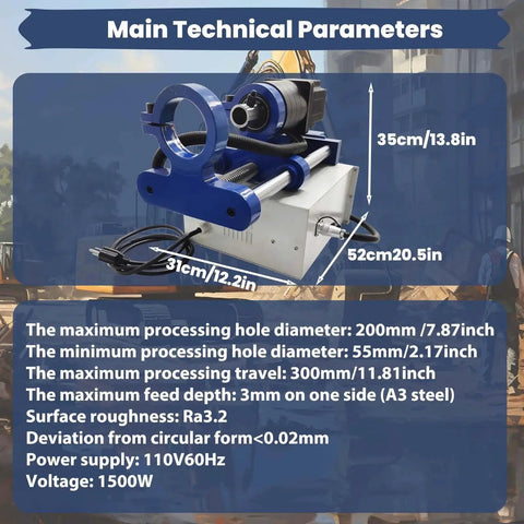 Portable Hole Drilling And Line Boring Tool For Excavators And Loaders Heavy Duty 55 To 200 Mm Boring Diameter With 5.24 Ft Connecting Bar 110V 1500W Power 300 Mm Travel For Industrial Construction BREVELTION showing technical parameters.