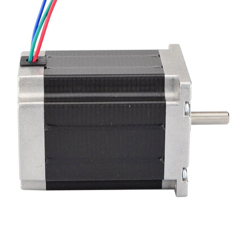 NEMA 23 bipolar CNC stepper motor, 76mm frame, silver end caps, black body, four colored wires.