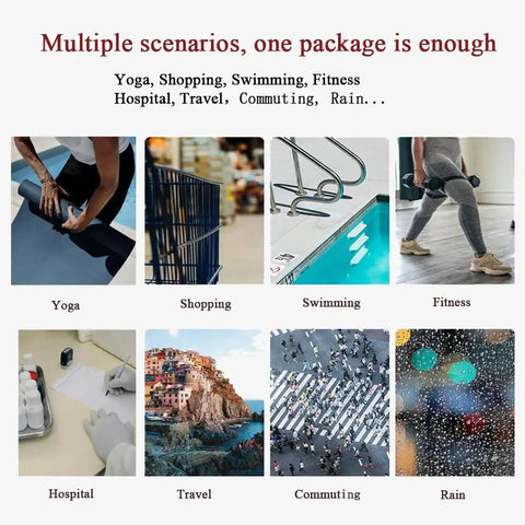 Collage of activities including yoga, shopping, swimming, fitness, hospital, travel, commuting, and rain scenarios
