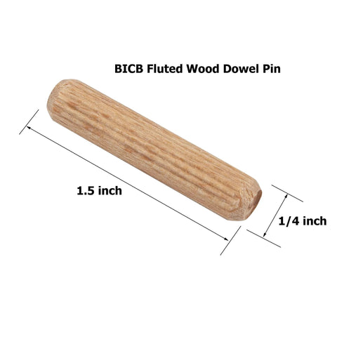 200 Piece Fluted Beechwood Dowel Pins 1/4 Inch By 1-1/2 Inch Kiln Dried Hardwood Dowels For Woodworking, Joinery, Furniture Repair, And DIY Projects, High Density Connectors That Lock Joints Tight And Stay Strong, showing a single dowel pin with dimensions.