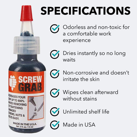 Liquid Paste Screw Grab For Stripped Screws Quick Dry Anti Seize Compound Delivers Up To Eight Hundred Percent Positive Grip Eases Stripped Screw Extraction With A Handy Screw Extractor Bottle For Home Improvement Projects, black bottle with red cap and specifications.