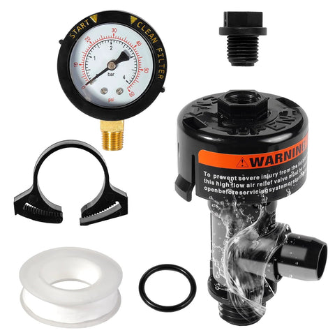 Pool filter air relief valve kit with gauge, valve body, clamp, O-rings, and gaskets for Pentair FNS/Quad DE SMBW.