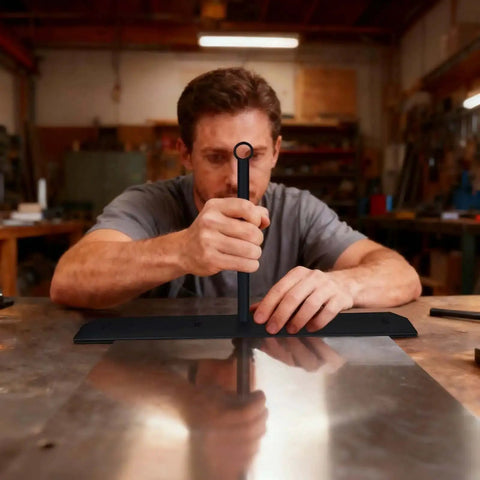 Person using Heavy Duty Sheet Metal Hemming Tool For Roofing Panels And HVAC Ducts 15.25 Inch Pro Grade Metal Bender in workshop.