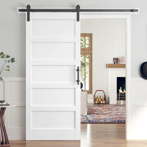 36 By 84 Inch White Sliding Barn Door Slab With Six Point Six Foot Hardware Kit Included Five Panel MDF Wood Door With Waterproof Scratchproof PVC Surface Easy DIY Assembly installed in living room.