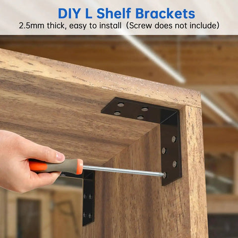 Beefy Galvanized L Brackets 1.5 By 3 By 3 Inch Eight Pack For Shelves And Furniture installation with screwdriver in wooden corner