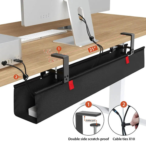 36 Inch Under Desk Cable Management Tray With Clamp And Screws, Large Fabric Cord Organizer installed under a wooden desk