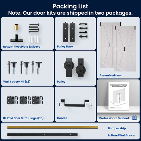 Space Saving White Bifold Sliding Barn Door Kit 60x84 Inch With K Shaped Panel And Sliding Hardware parts and packaging list