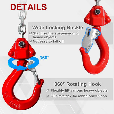 Half Ton Manual Lever Chain Hoist With 360 Degree Rotating Hooks G80 Chain detailing red hooks and locking buckle