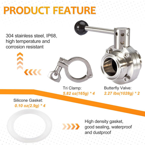 Pindex 2-pack 1.5in stainless steel butterfly valves with pull handles; includes four 1.5in tri-clamp fittings with silicone gaskets.