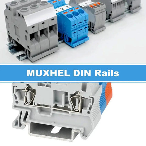 20 Pack 13 Inch Aluminum DIN Rails For Electrical Panels 35mm Wide By 7.5mm High Slotted Carrier showing industrial use