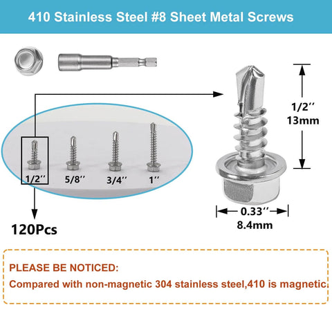 QSJ 120pcs #8 x 1/2 in sheet metal screws, 410 stainless steel, hex washer head, self-tapping, silver, Bearings Canada
