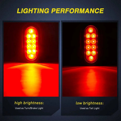 6 Inch Oval Red LED Tail Lights 2 Pack With Surface Mount Grommets showing high and low brightness lighting performance