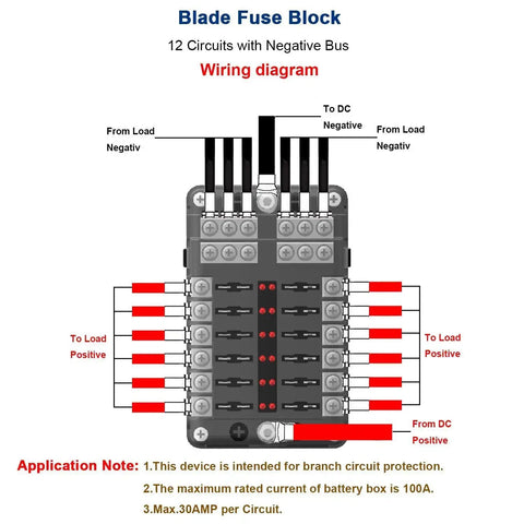 Diagram showing 12 Way Blade Fuse Box Holder With LED Indicator And Protective Cover For Car Boat Marine Trike Truck SUV Yacht RV