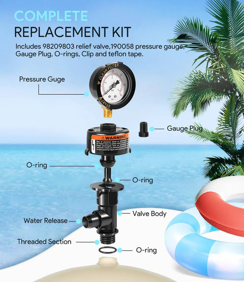 Sixcow black high-flow manual relief valve replacement kit with pressure gauge for pool and spa filter; includes O-rings.