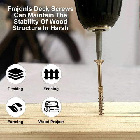 Go-To One And A Half Inch Size 8 Deck Screws With Golden Brown Epoxy Coating For Outdoor Wood, Torx T25 Star Drive, in use