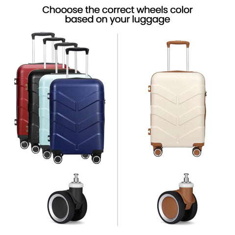 Replacement Luggage Wheels For Specific Suitcase Model Black Color Not Compatible With Other Brands Easy Quick Installation No Tools Required Durable Rolling Wheels For Smooth Quiet Travel with multiple suitcase colors and wheel types visible.