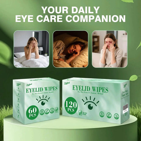 Tea Tree Oil Eyelid Wipes Individually Wrapped Hydrating For Sensitive Eyes, packaging front view with soothing lifestyle images