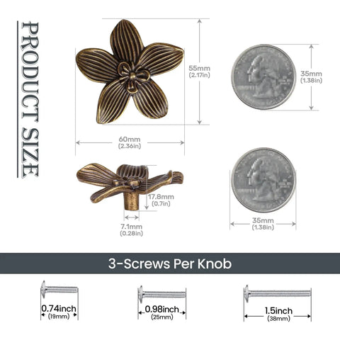 Product dimensions of Four Pack Two Point Four Inch Antique Brass Flower Cabinet Knobs With Vintage Floral Drawer Pulls, shown with measurement and screws included.