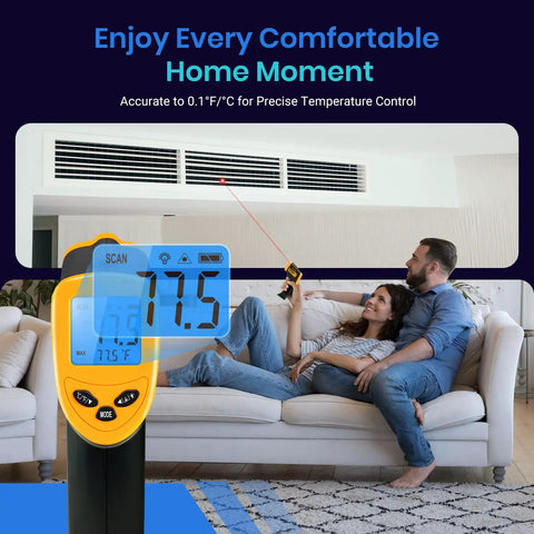 Lasergrip 1080 Infrared Thermometer for Kitchen Cooking Grilling And BBQ Bath Water Digital Temperature Gun Non Contact IR Thermometer -58F To 1130F Yellow And Black Etekcity pointed at air vent, showing temperature reading.