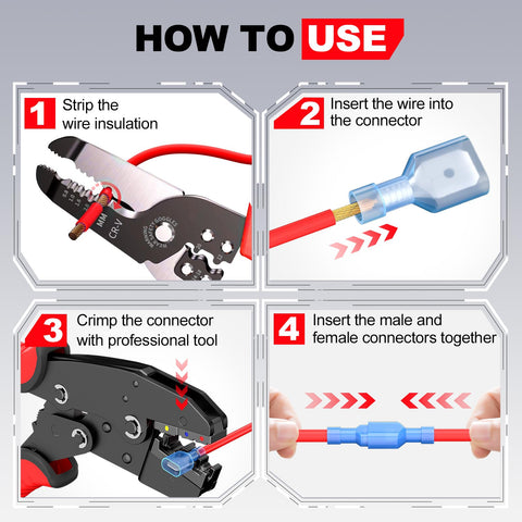 AIRIC blue female spade connectors kit for 16-14 AWG, 100 nylon terminals, four-step crimping guide image