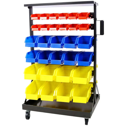 6-Tier Dual-Sided Rolling Bin Rack with Heavy Duty Steel Construction and Casters for Easy Mobile Storage, colorful bins