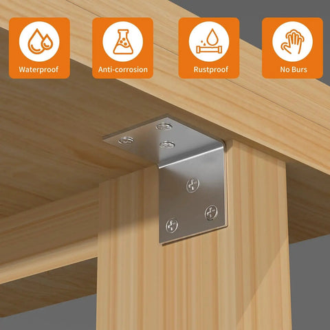 20 Pcs Stainless Steel L Brackets 2x2x2 Inch Heavy Duty Corner Braces installed on wooden shelf showing rustproof feature