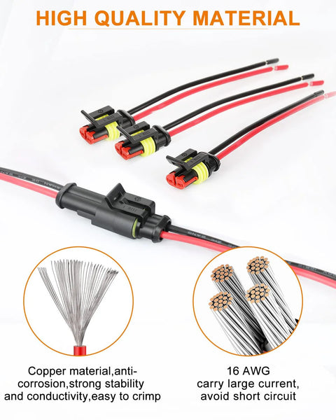 NAOEVO 2-pin waterproof automotive connector set with 16 AWG red/black wires, heat shrink tubing and plugs