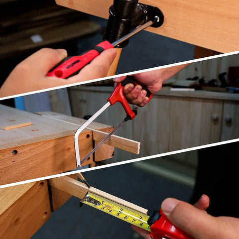 325 Piece Home Repair Tool Set With Drawer Toolbox Storage Case in use, showing screwdriver, saw, and tape measure on wood projects