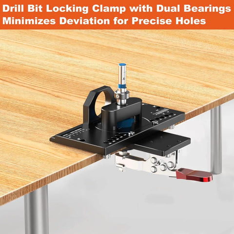 Concealed Hinge Jig With Quick Clamp And Dust Vacuum Adapter For 35mm Door Hinge Install on wooden table edge