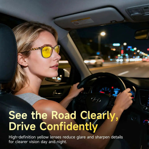 Woman wearing Night Driving Shades For Women And Men Polarized Night Vision HD Anti Glare Yellow Lenses UV400 Protection Amber Tortoiseshell Frame in car