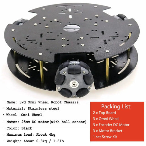 Professional 3WD Smart Robot Car Chassis Kit with 58mm nylon omnidirectional wheels, two-layer metal panel, for Arduino and Raspberry Pi.