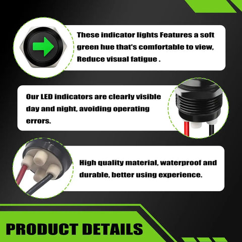 Infographic of 12V LED Turn Signal Indicators 2 Pack Waterproof Panel Mount Lights with green arrows and product highlights