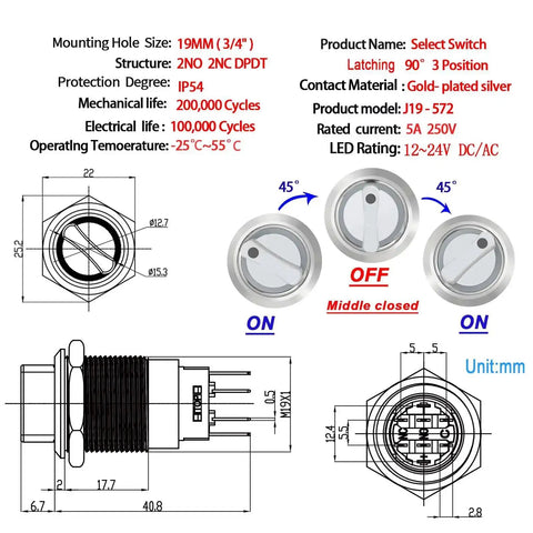 Diagram of a Three Position 19mm Rotary Switch With Blue LED Indicator for 12V 24V DC or AC, showing dimensions and technical details.