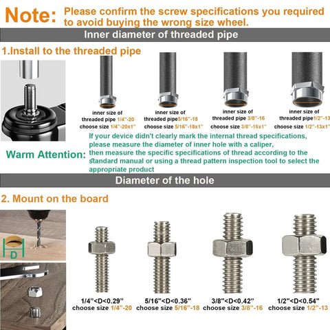 Installation guide for Four Inch Stem Caster Wheels Heavy Duty Threaded Stem Casters UNC 3/8-16 X 1 with diameter and size specifications.