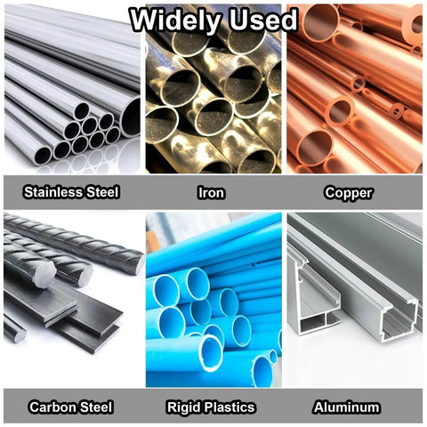 Various metal and plastic pipes showing stainless steel, iron, copper, carbon steel, rigid plastics, and aluminum.